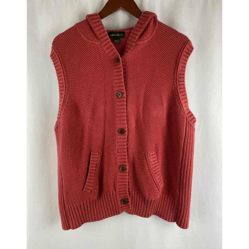 Eddie Bauer Women’s XXL Button Cardigan Pink Vest Hooded Outdoor Hiking *Stain*